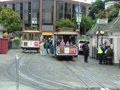 Cable car at the Hyde Street terminus.