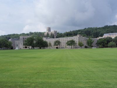 West Point barracks and in the background on the hill, the Cadets Chapel-